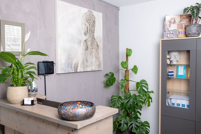 Detail van de praktijkruimte met planten en klankschaal